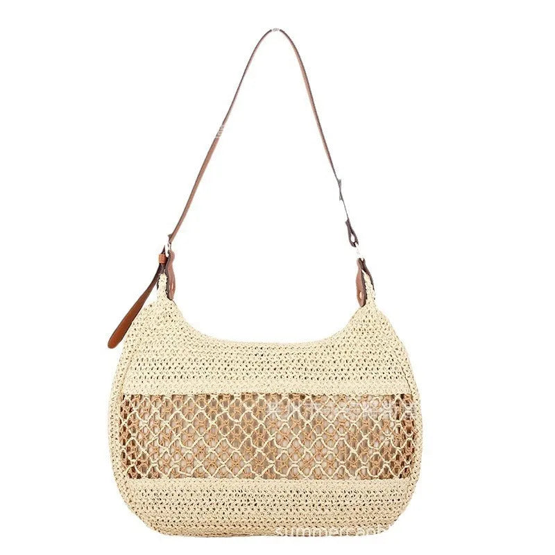 Women's straw crossbody bag in horizontal square shape with sandwich pocket, khaki colour option