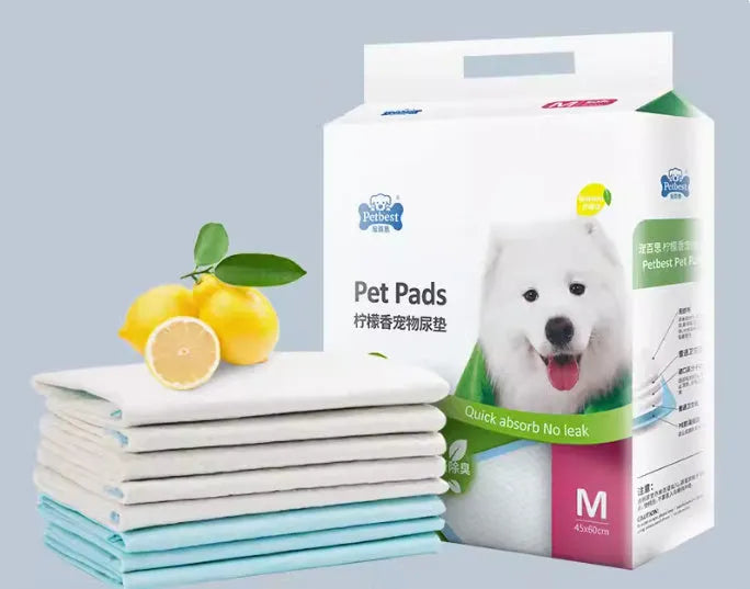 Pack of thickened disposable dog urine pads showing adhesive backing and size options