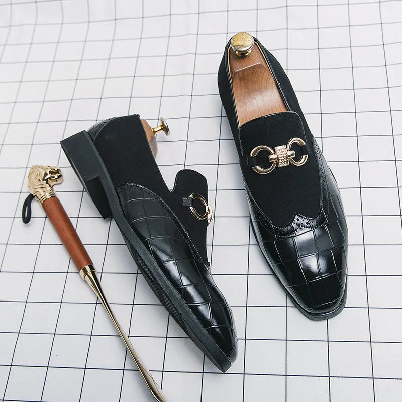 Korean style men's pointed toe leather shoes in black and green colours with rubber soles