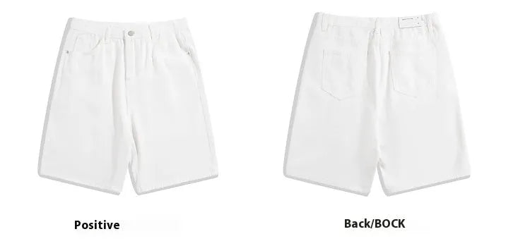 Men's solid colour denim shorts showing five-point straight-leg design with zipper fly closure