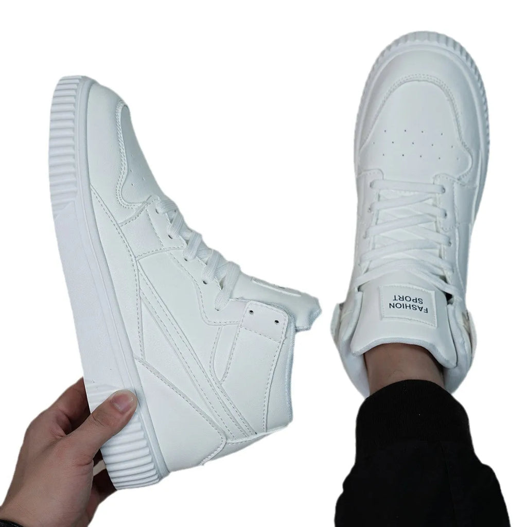 White men's casual shoes with round toe design and microfiber upper material
