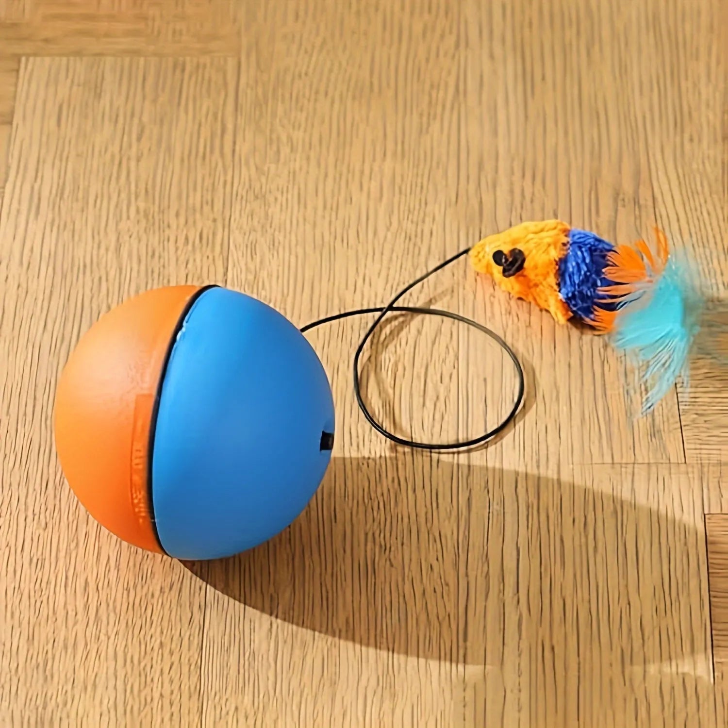 Blue and orange interactive plush mouse cat toy shown with a ball shape, measuring 8.5 cm.
