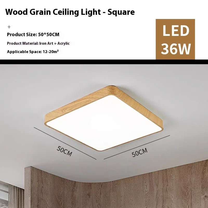 Nordic modern iron LED ceiling light with wood grain finish in square design