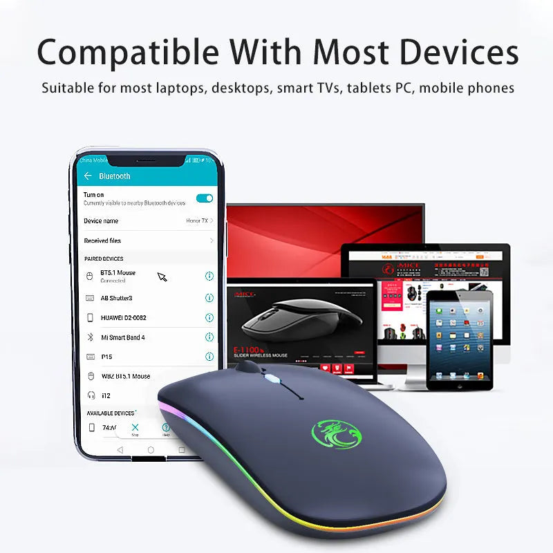 Black or white dual-mode wireless mouse with silent buttons and charging light