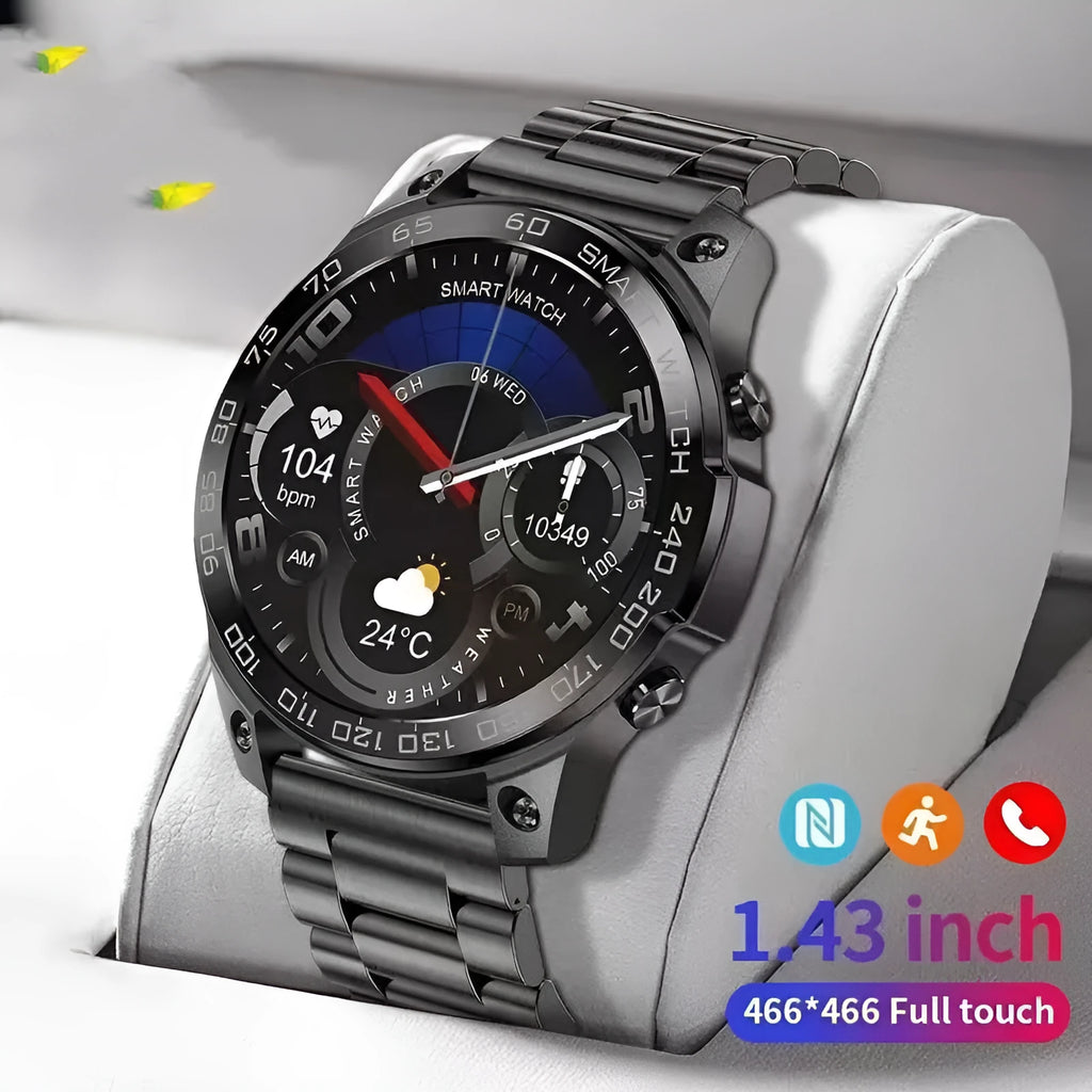 Bluetooth call sports watch with round AMOLED display on a silicone strap, showing health metrics.