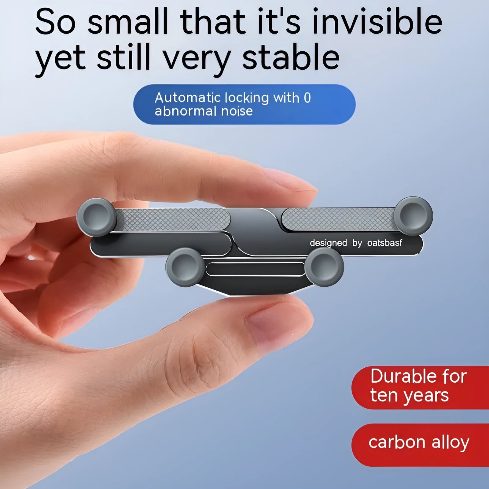 Silver invisible alloy car phone holder mounted on vehicle air outlet with mobile phone in position