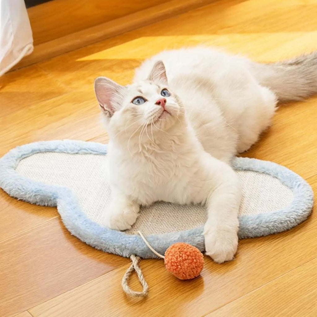 White wall mounted cat scratching mat with sleeping cat pattern design in natural sisal material