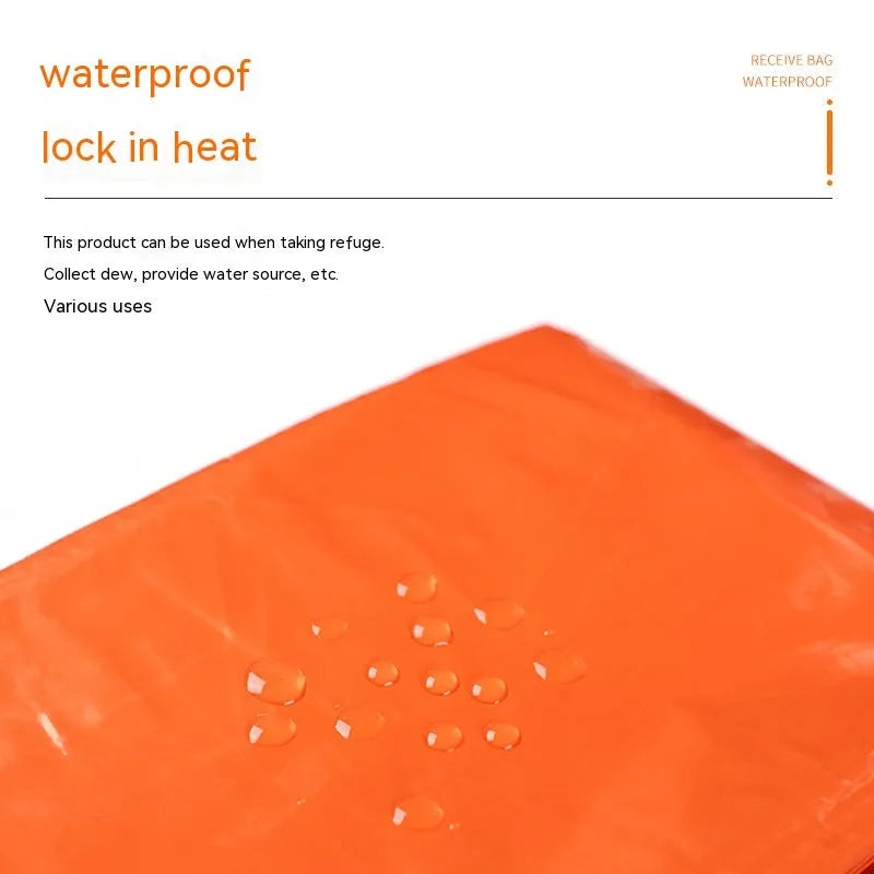 Emergency disaster relief tent kit with orange sleeping bag and whistle survival gear