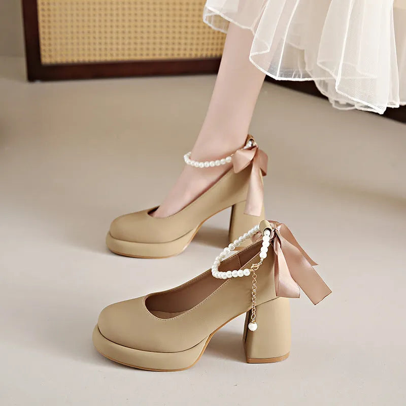 Women's Mary Jane shoes with chunky heel and ankle-strap buckle in beige, black, or milk tea colour