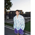 Men's pink floral long sleeve shirt with embossed three-dimensional pattern and loose fit design