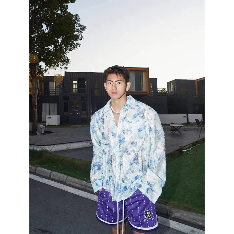 Men's pink floral long sleeve shirt with embossed three-dimensional pattern and loose fit design