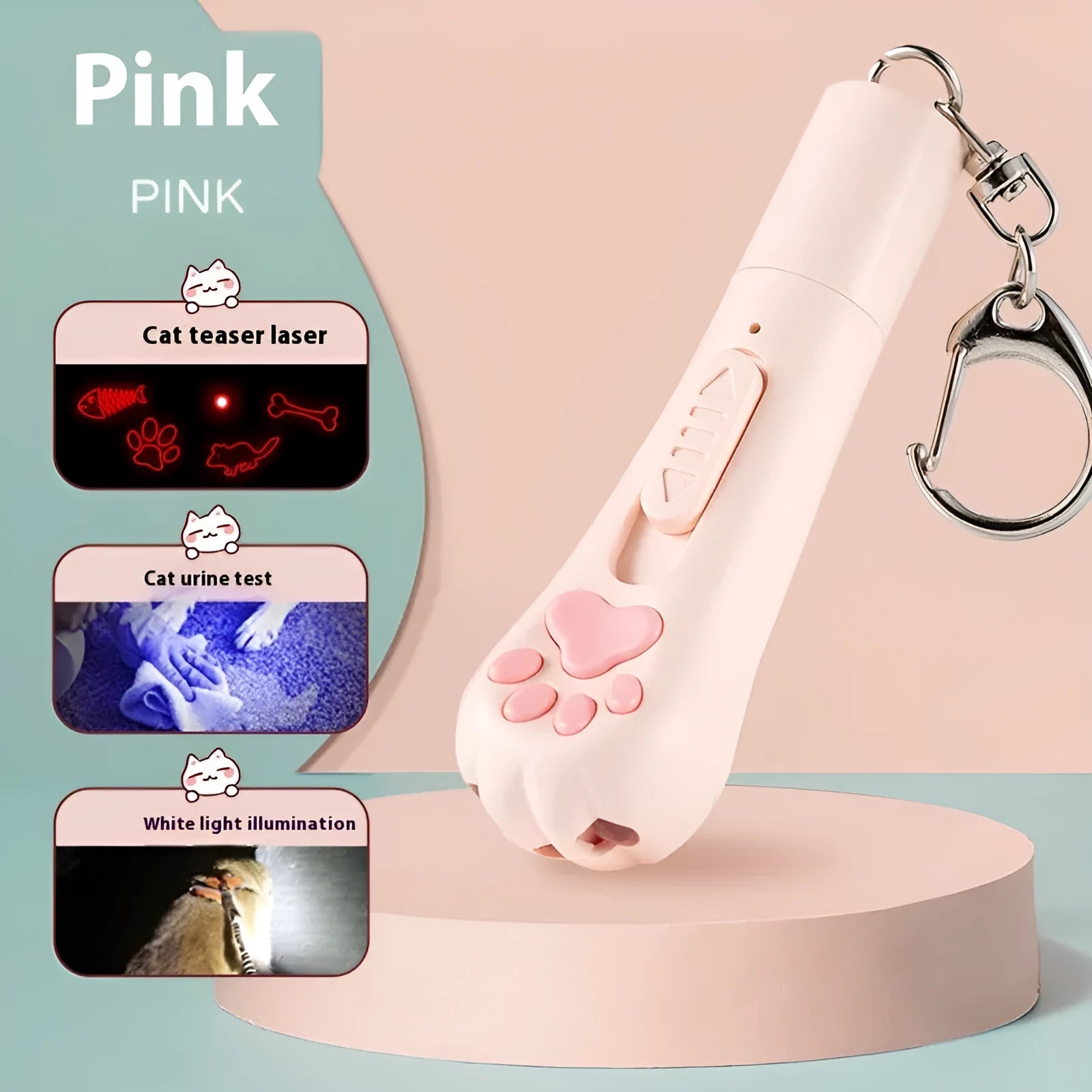 Cat pen light charging toy in pink, cream white, and sky blue colour options