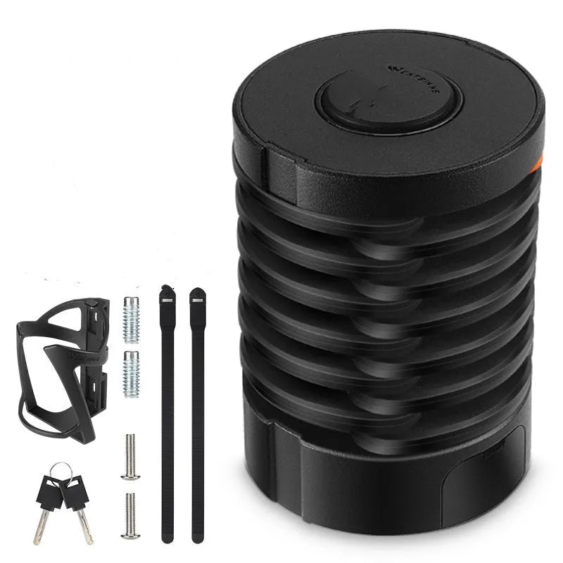 Black and black orange portable bicycle folding lock with a segmented, link-based design on a bicycle frame.