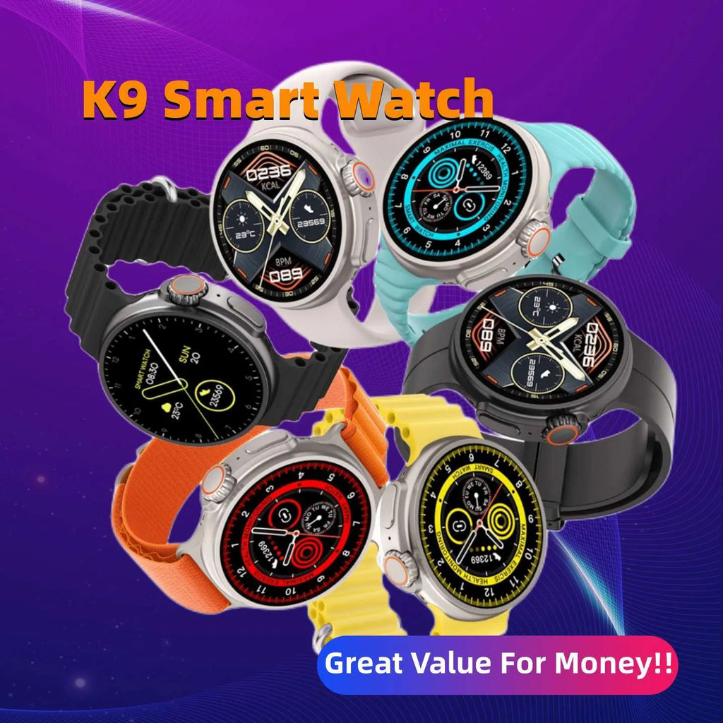 K9 smart watch with 44mm round case and silicone strap showing health metrics on 1.39 inch screen