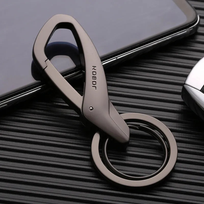 Zinc alloy double ring car key chain in black, chrome, and nickel colour options showing 8.3cm size