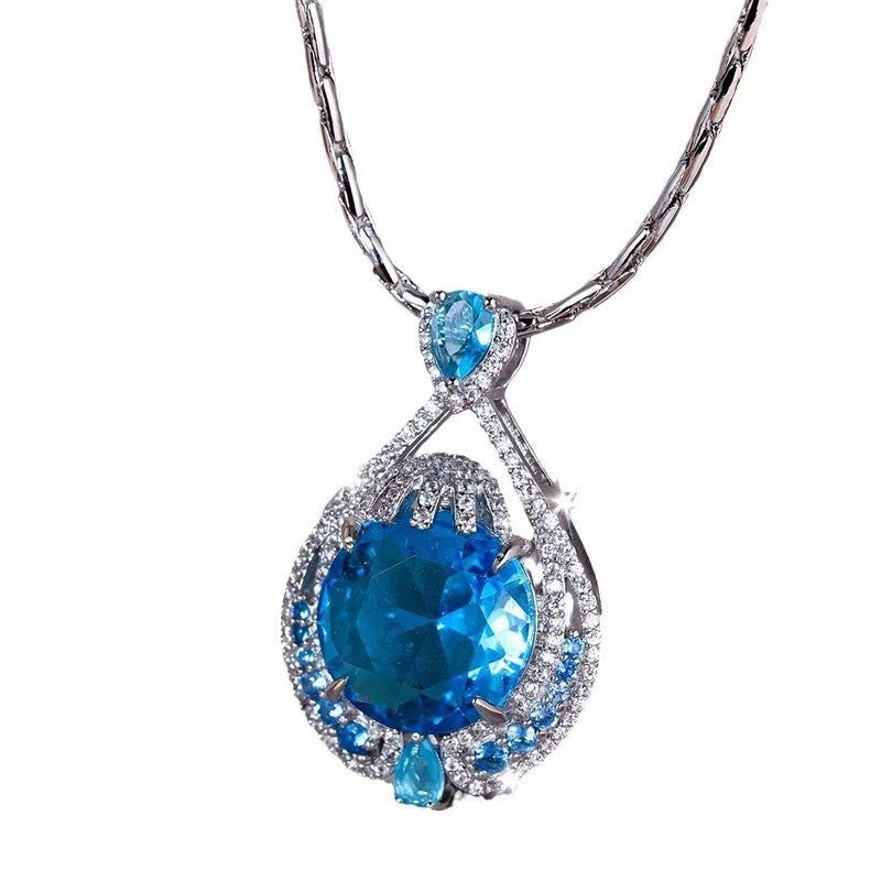 Blue crystal fireworks cut pendant necklace with water wave chain for women
