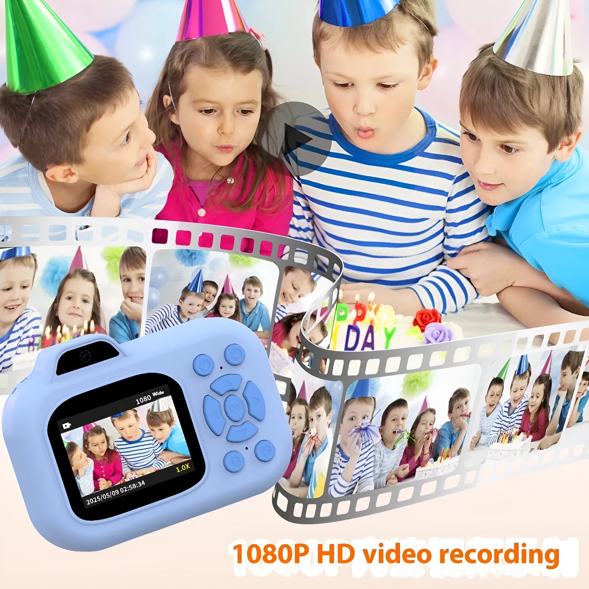 Children's plastic camera toy in blue, pink, or purple with screen, buttons, and included charging cable.