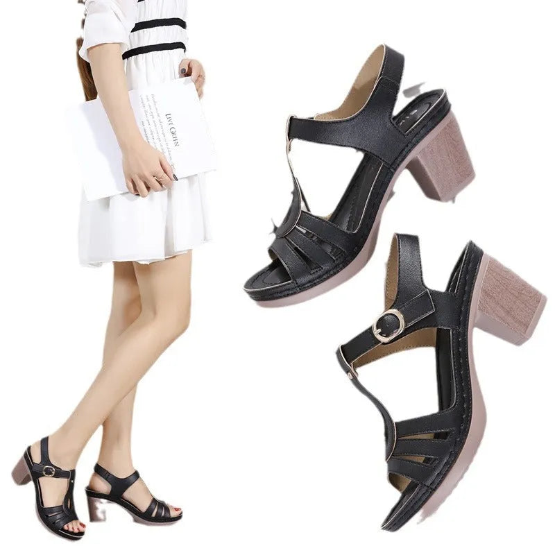 Women's patent leather thick heel sandals with metal buckle stitching in apricot colour