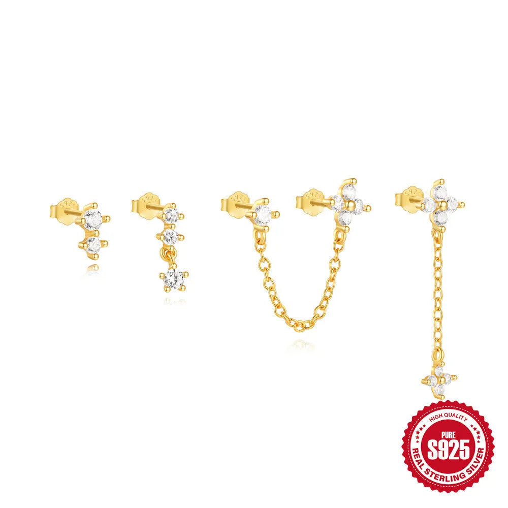 S925 sterling silver earrings with geometric clover petal design and gold electroplating
