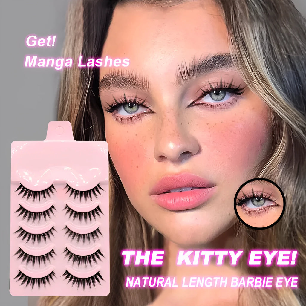 Pack of 15 pairs of natural wispy manga false eyelashes on black plastic bands for cosplay.