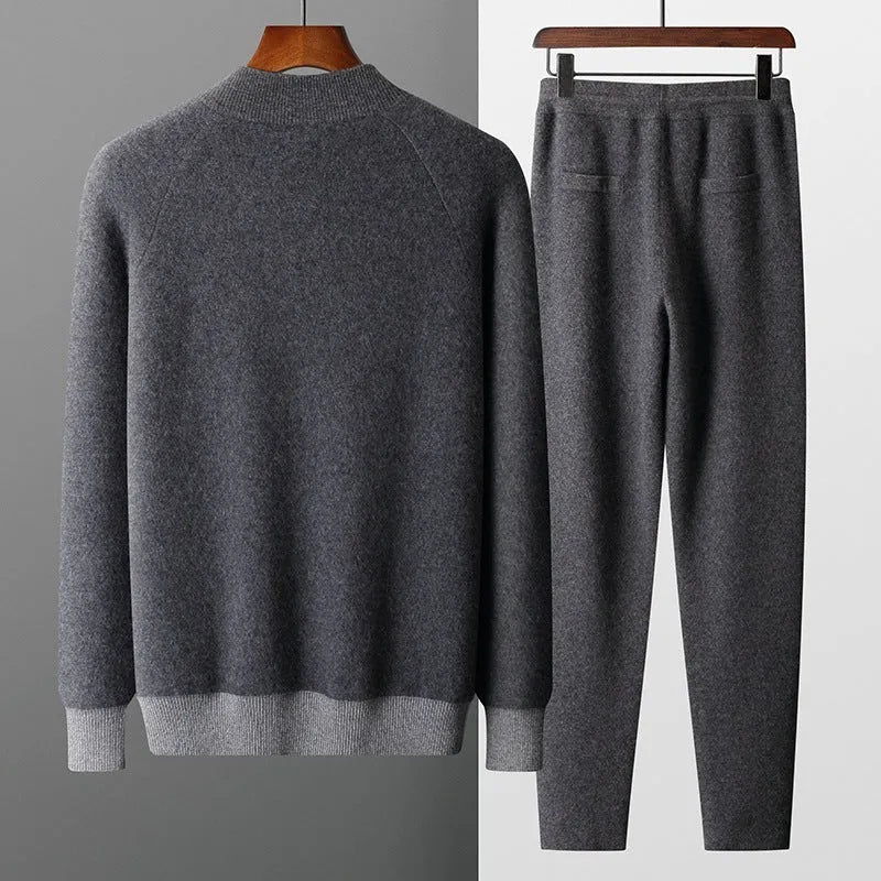 Men's cashmere wool blend cardigan suit with half turtleneck and trousers in winter colours