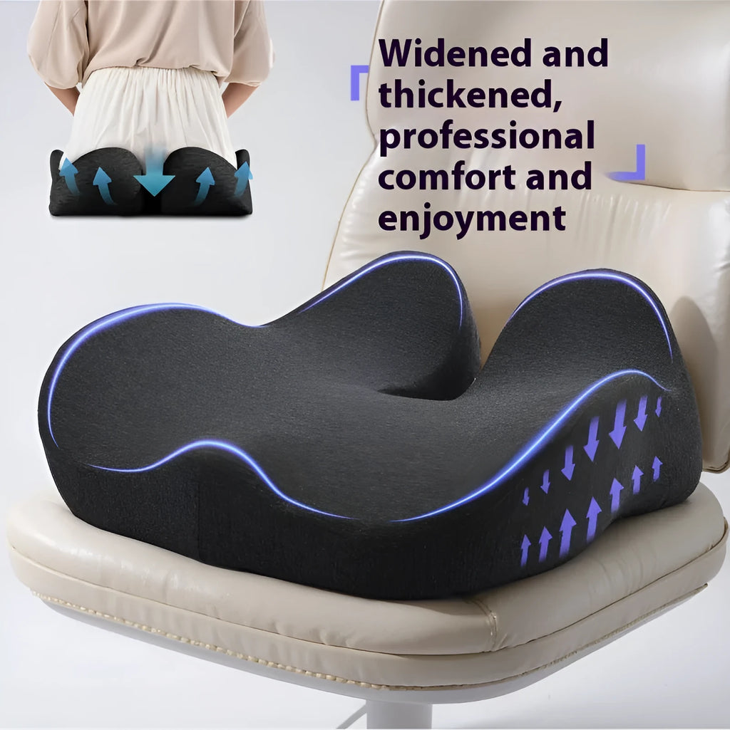 Grey memory foam office chair cushion on a desk chair