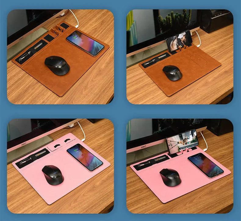 Pink wireless charging mouse pad with phone holder on a desk, showing 320mm by 260mm size and USB cable.