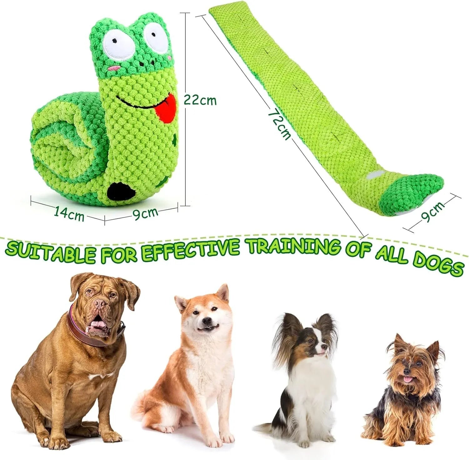 Thick velvet dog puzzle toy with squeaker in snail shape showing hidden food holes