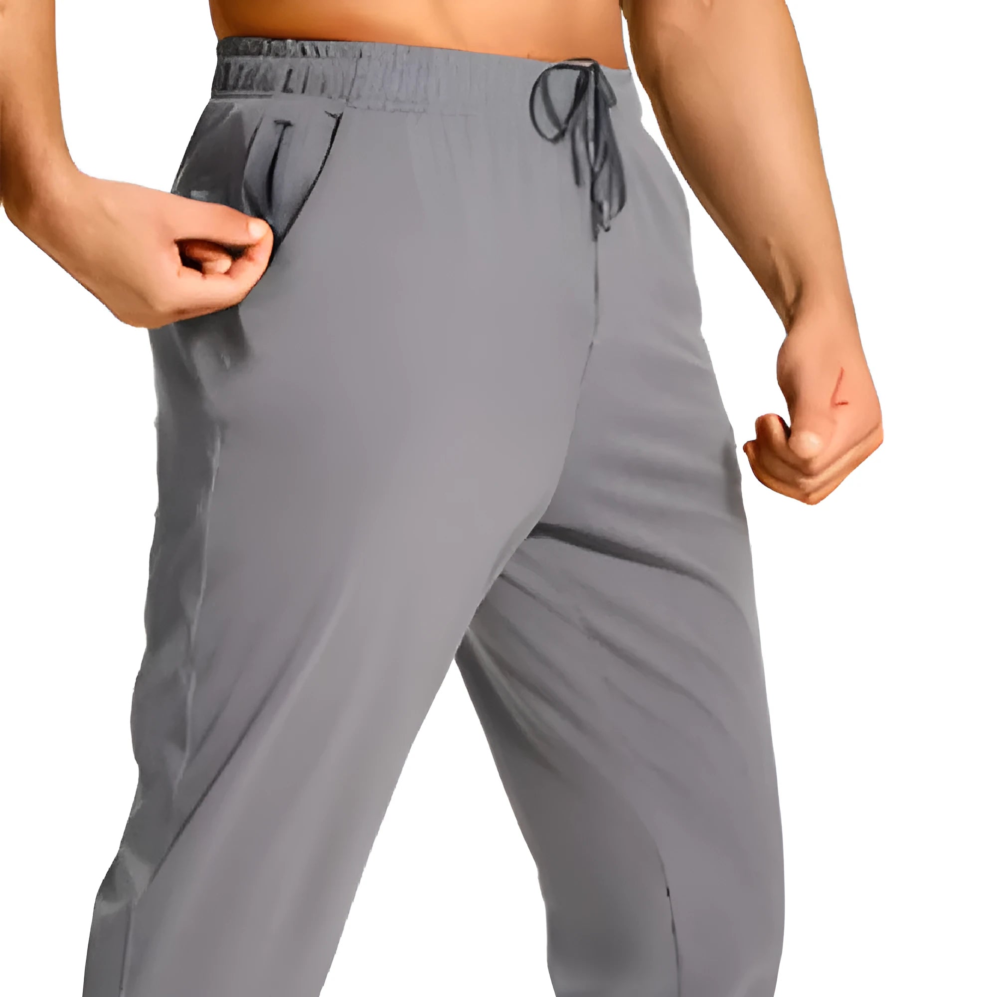 Men's loose fit solid colour casual trousers in polyester, shown in one of thirteen available colour options.