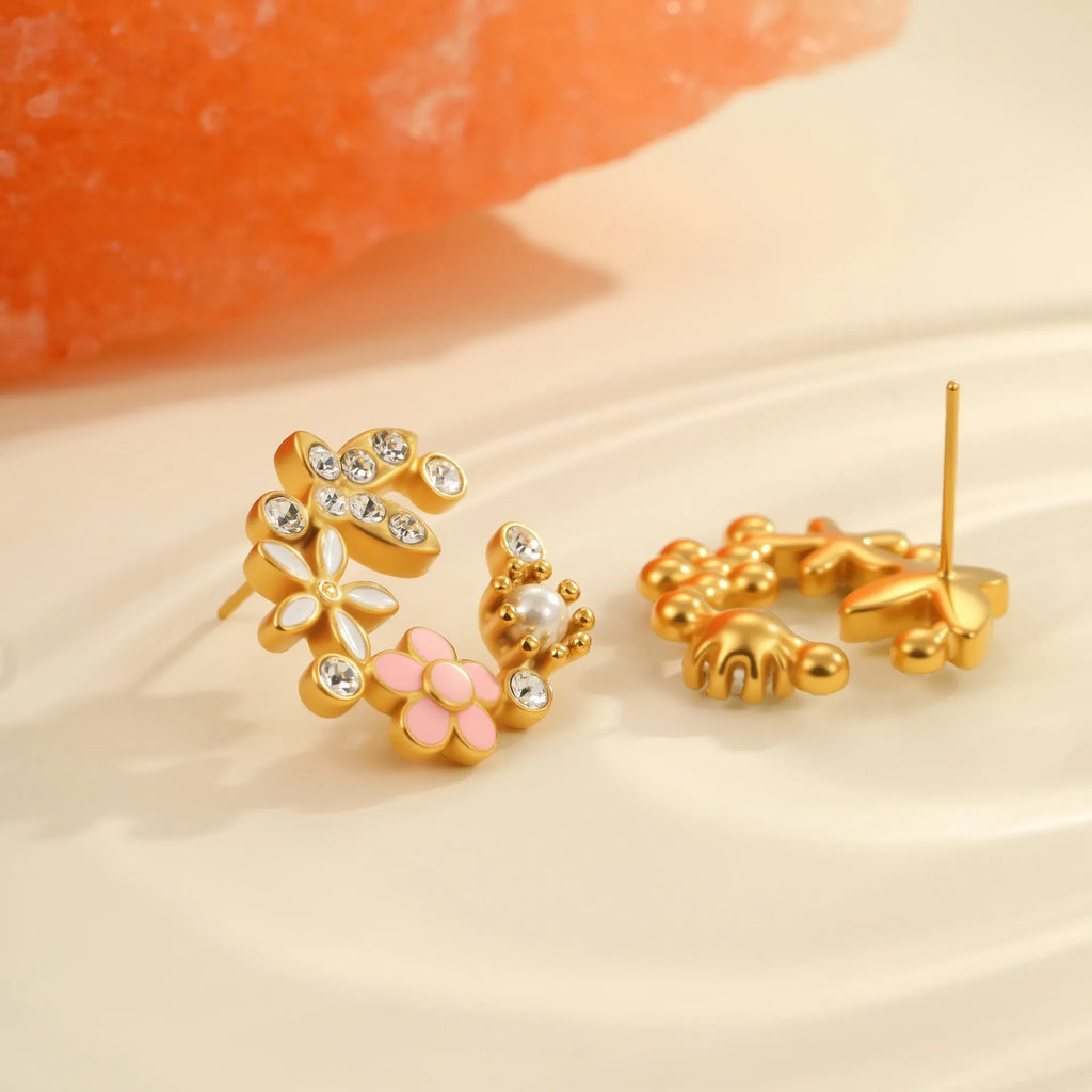 Colourful flower stud earrings with petal design in 18K stainless steel with electroplated finish
