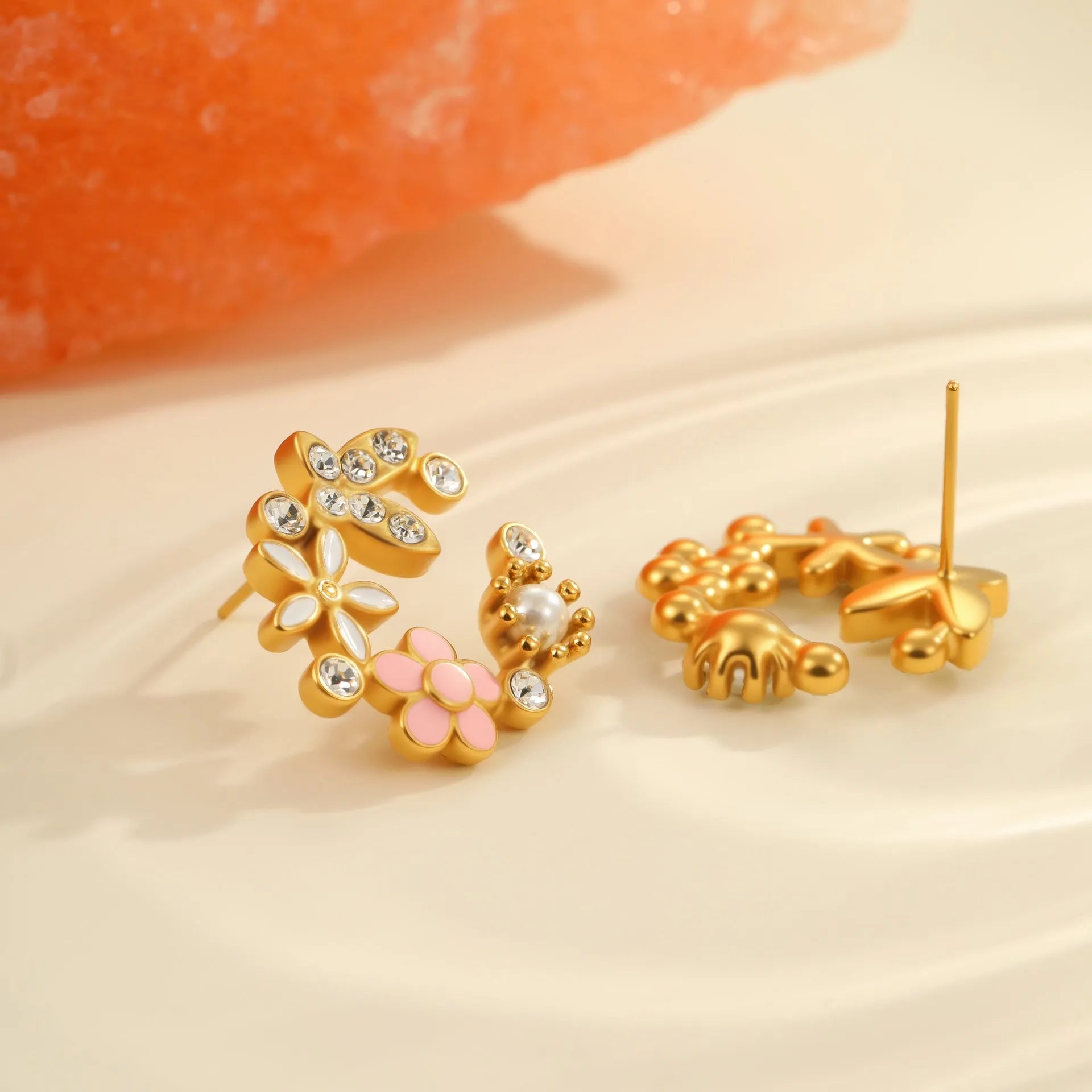 Colourful flower stud earrings with petal design in 18K stainless steel with electroplated finish