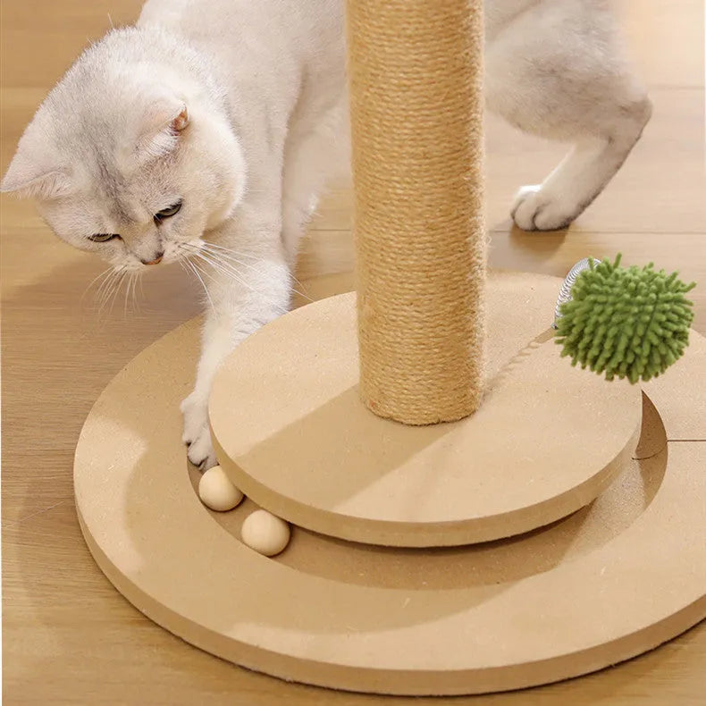 Vertical cat climbing frame with sisal scratching posts and cantilevered perches in cane colour