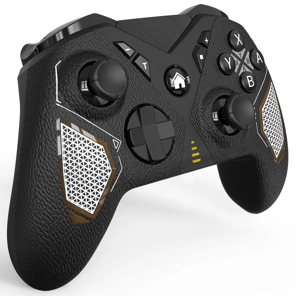 Black wireless Nintendo Switch controller with leather pattern texture on ABS plastic body