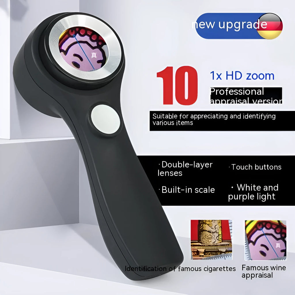 Black handheld magnifying glass with USB-C cable for charging its built-in inspection light.