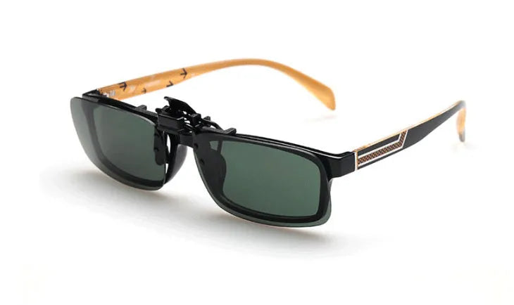 Plastic clip-on sunglasses attachment for prescription glasses, shown with dark green PC lens.