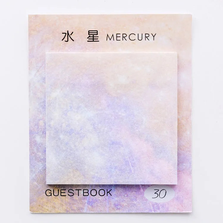 Square planet oil painting sticky notes notepad showing 7.3cm size and cover colour options.