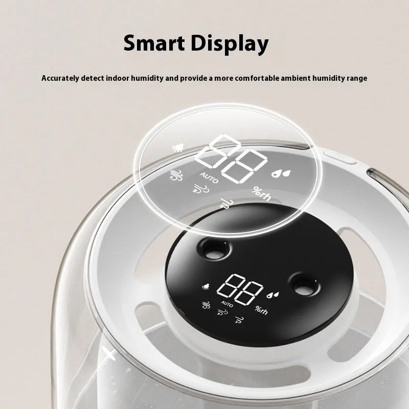Beige round USB-powered humidifier with dual spray mist outlets and a digital humidity display.