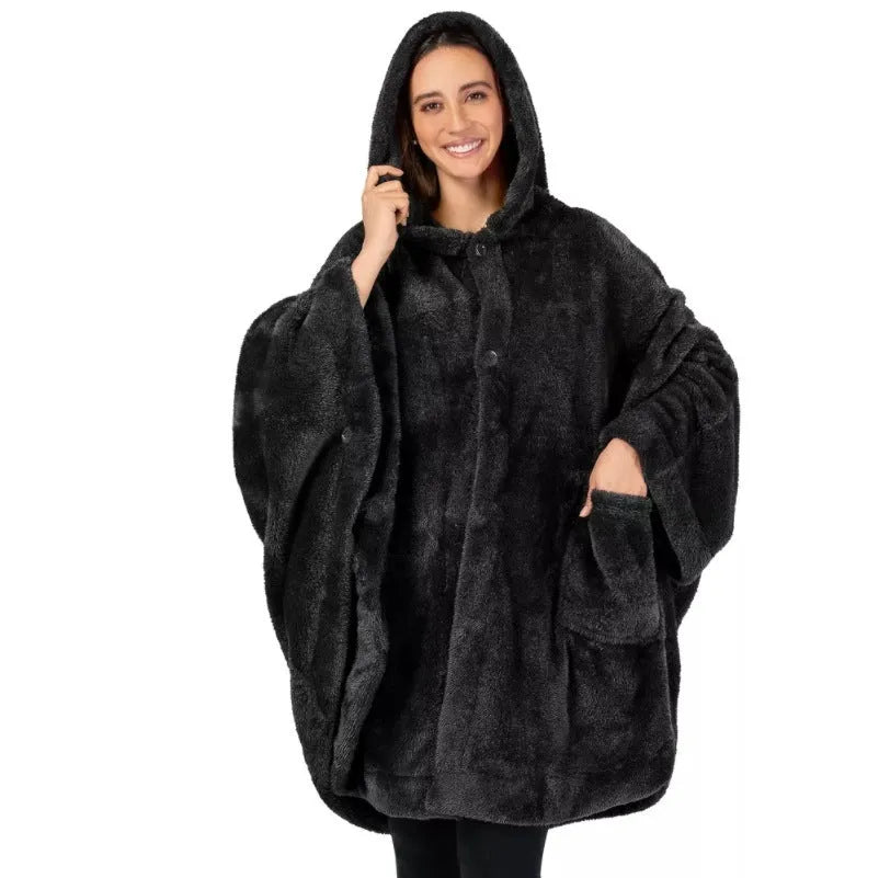 A thick black hooded bathrobe cardigan with long sleeves, shown hanging.
