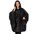 A thick black hooded bathrobe cardigan with long sleeves, shown hanging.
