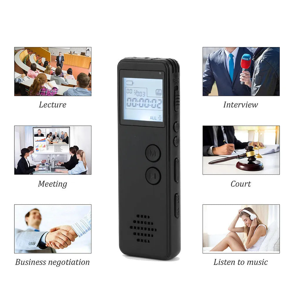 Black digital voice recorder with broken code screen measuring 88mm × 33mm × 12.5mm