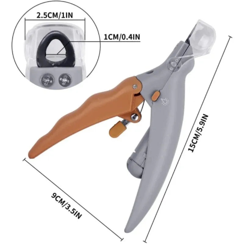 Yellow pet nail clipper with LED light and magnifying lens for dog and cat grooming