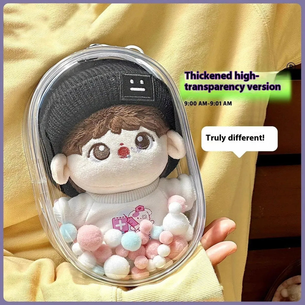 Transparent PVC cube storage bag for cotton dolls with keychain in multiple colour options