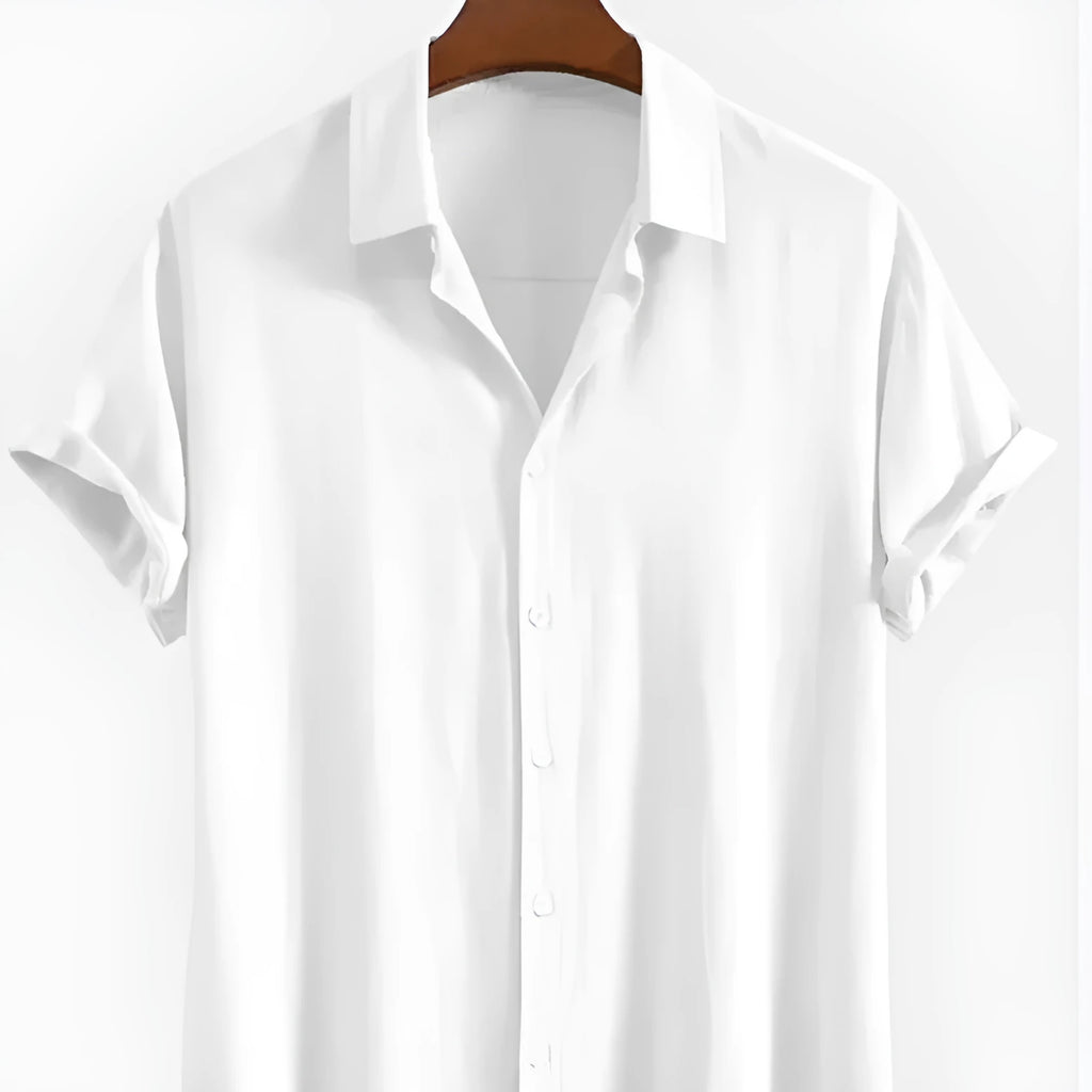 Men's loose fit short sleeve cardigan in solid colour on a hanger