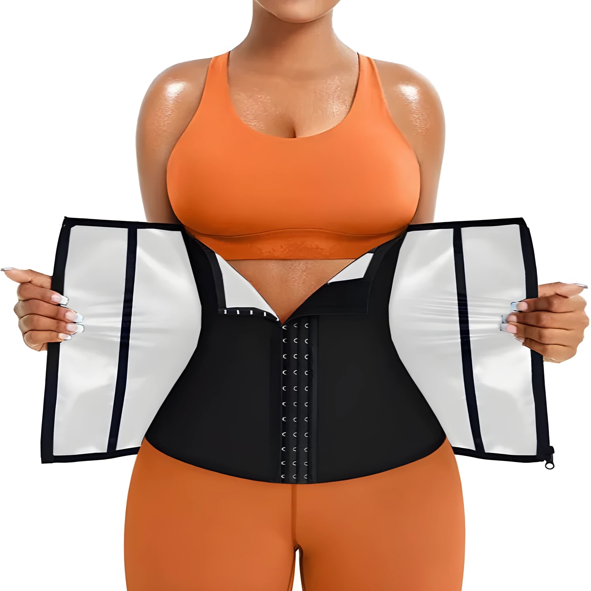Neoprene adjustable abdominal girdle for waist shaping and sports support in blue or silver.