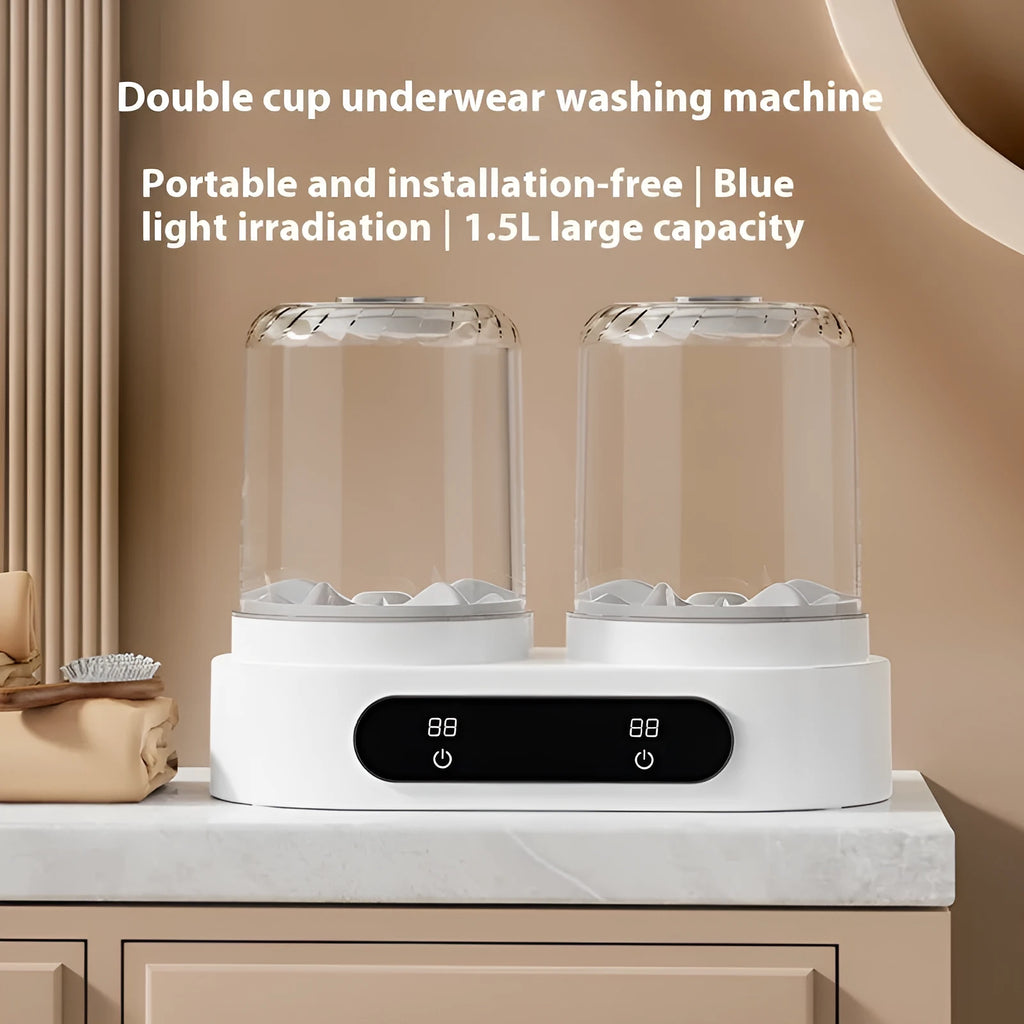 White USB double bucket portable mini washing machine for socks and underwear.
