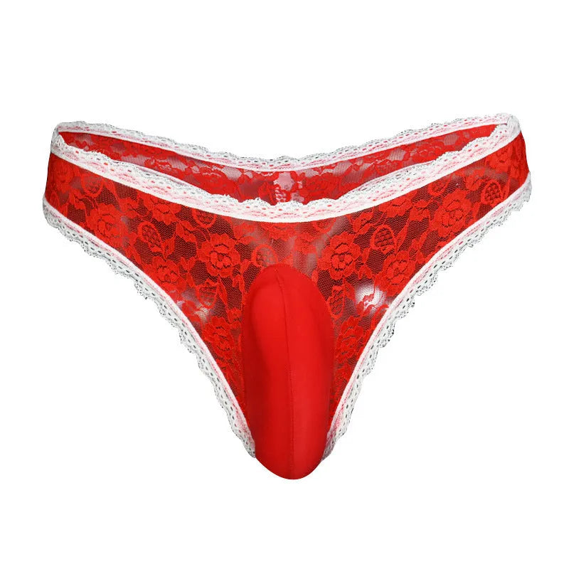 Men's lace underwear with vertical pouch design showing elasticated egg pouch detail in black colour