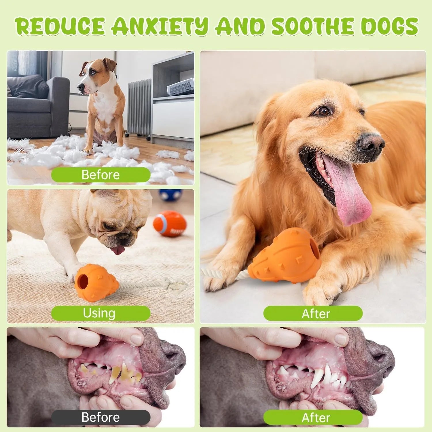 Natural rubber stuffable dog toy with treat hole and strap for small medium breed dogs.
