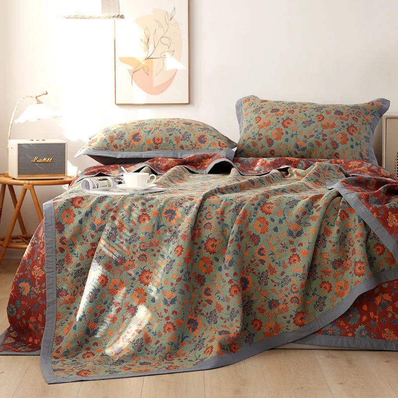 Cotton gauze bed blanket set with matching floral pillowcases in three size options