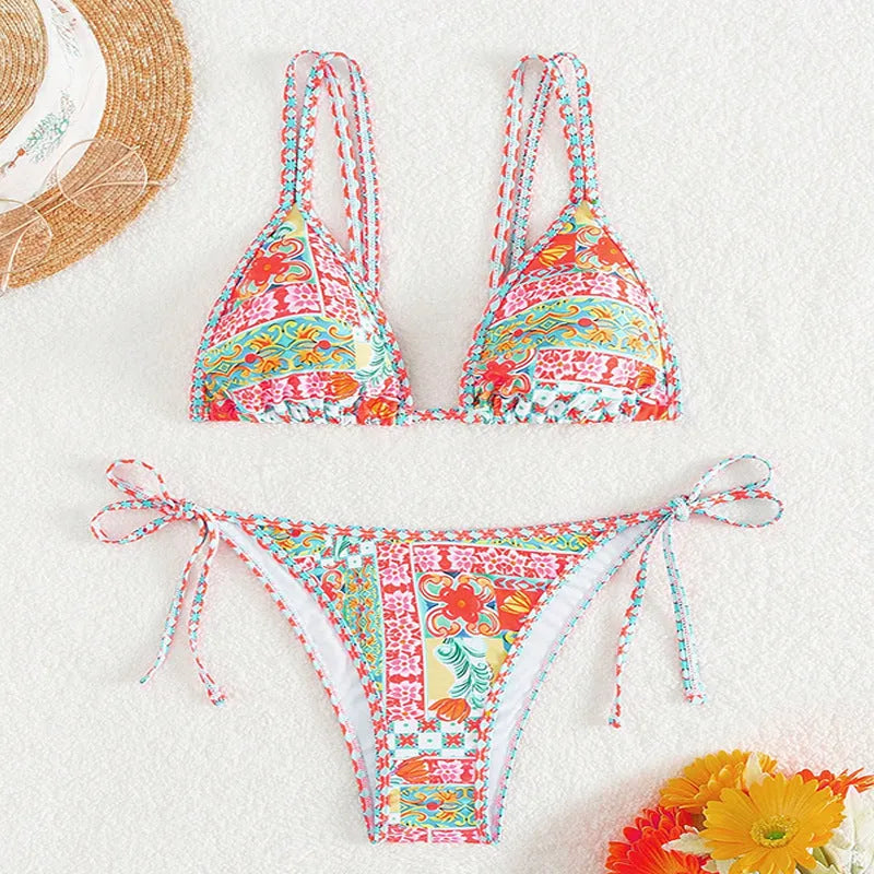 Women's lace-up split swimsuit with backless design in picture colour, shown as bikini set