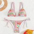Women's lace-up split swimsuit with backless design in picture colour, shown as bikini set